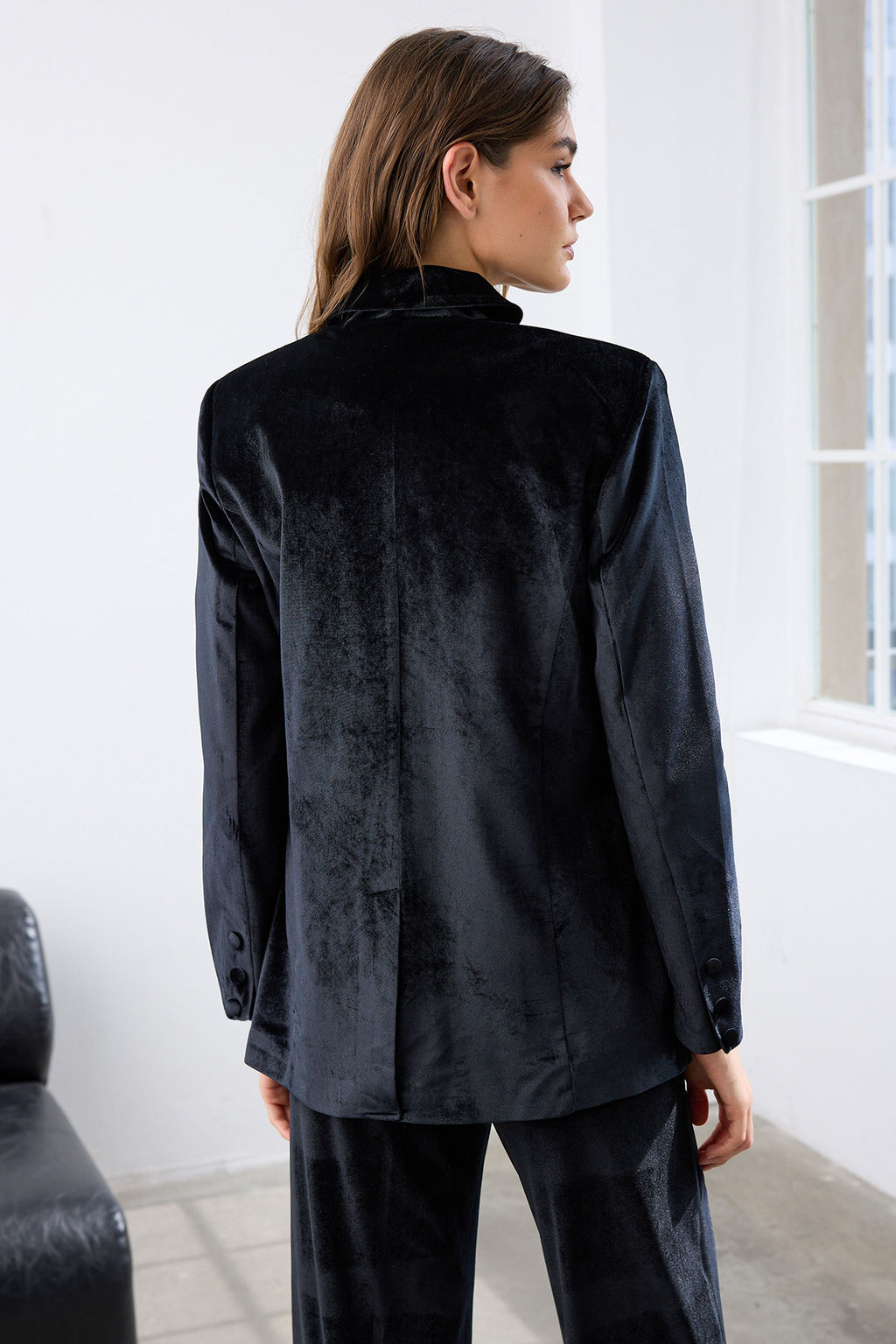 Siyah Kruvaze Regular/Normal Kal?p Dokuma Kadife Blazer Ceket TWOAW26BC00015