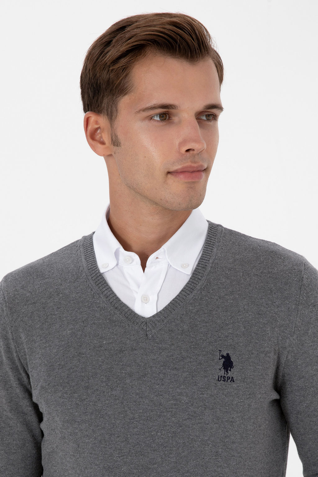 Erkek Slim Fit V Yaka Gri Melanj Basic Kazak - U.s. polo assn фото 2