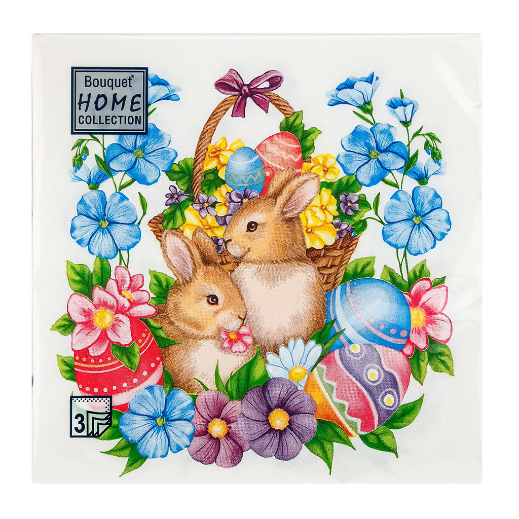 Салфетки бумажные Bouquet Home Collection Classic 33х33см, 3-х слойные, 20 штук в упаковке, 100% целлюлоза, Пасхальные кролики (Россия)  фото 2