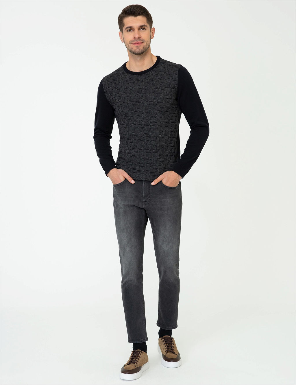 Lacivert Slim Fit Bisiklet Yaka Triko Kazak