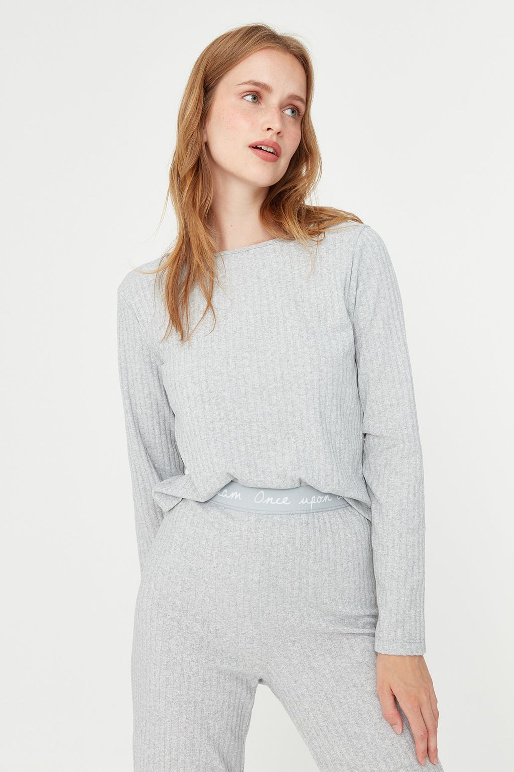 Trendyolmilla Gri Slogan Lastik Detayl? Fitilli Orme Pijama Tak?m? THMAW21PT0269  фото 11