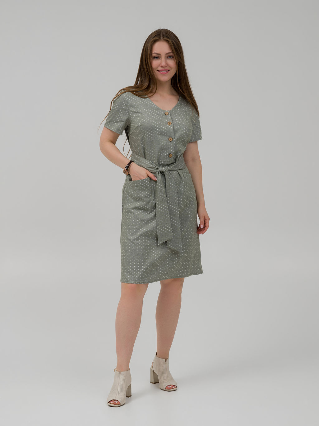 Летнее, хлопковое платье в горошек оливковое