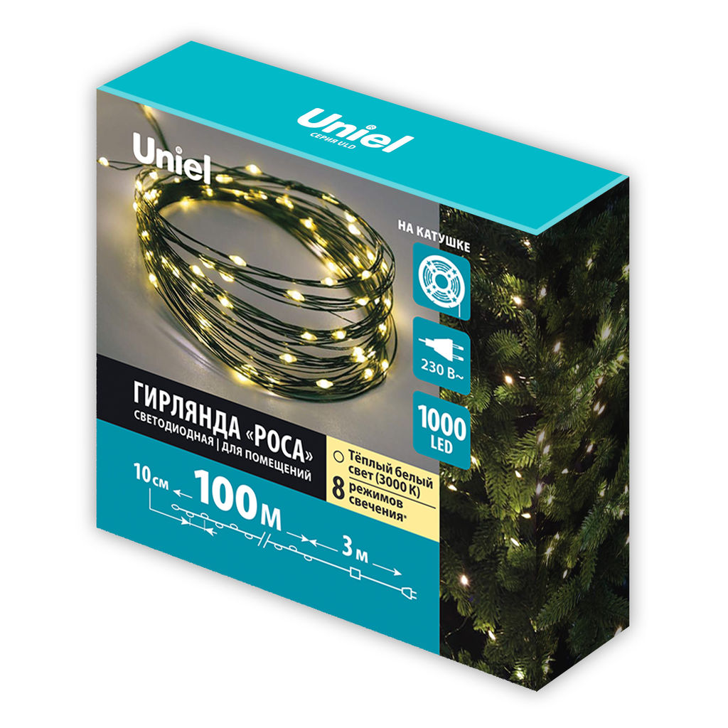ULD-S10000-1000/DGA WARM WHITE IP20 DEW Гирлянда светодиодная "Роса", 100м. 1000 светодиодов. Теплый белый свет. Провод зеленый. ТМ Uniel