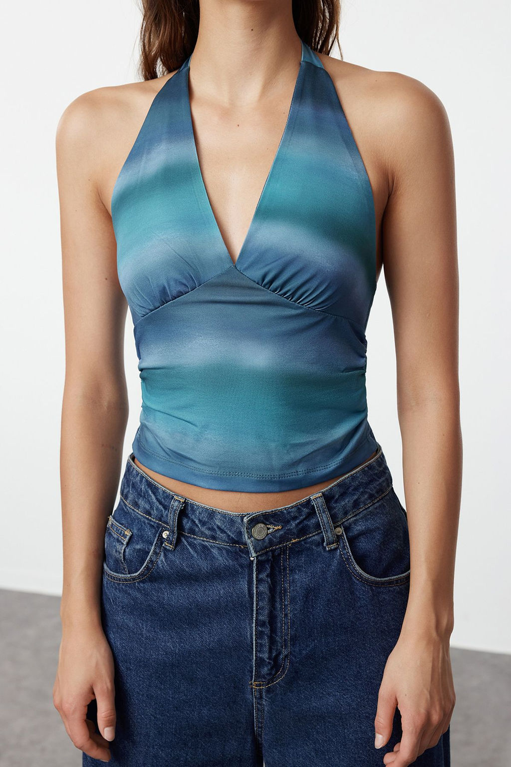 Indigo Boyundan Baglamal? Vucuda Oturan Esnek Crop Orme Bluz TWOSS24BZ00061