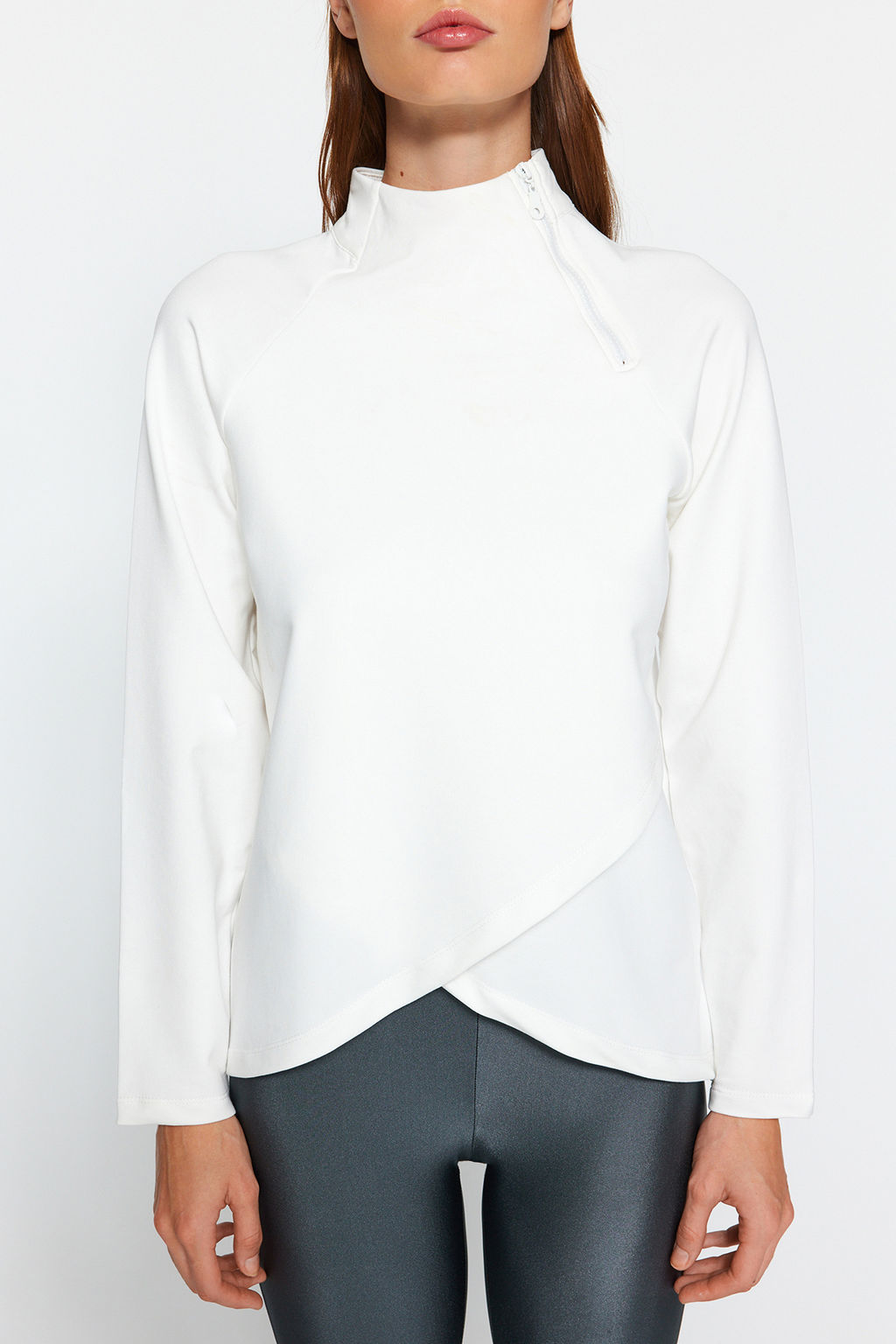 Kaymak Beyaz? Pamuklu Fermuar Detayl? Dik Yaka Orme Spor Sweatshirt TWOAW22SW0187 - Trendyolmilla фото 4