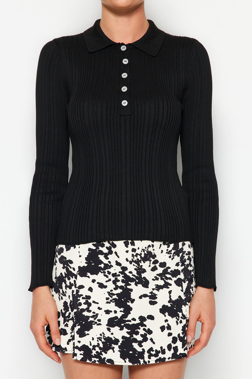 Ekru Merserize Gorunumlu Polo Yaka Fitilli Triko Kazak TWOAW21KZ0773 - Trendyolmilla фото 15