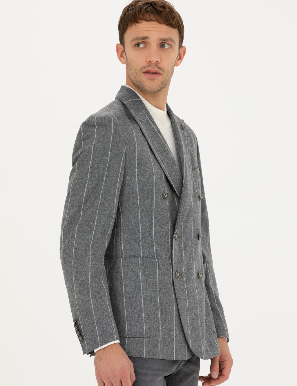 Gri Ex.Slim Fit %100 Y_n _izgili Kruvaze Ceket