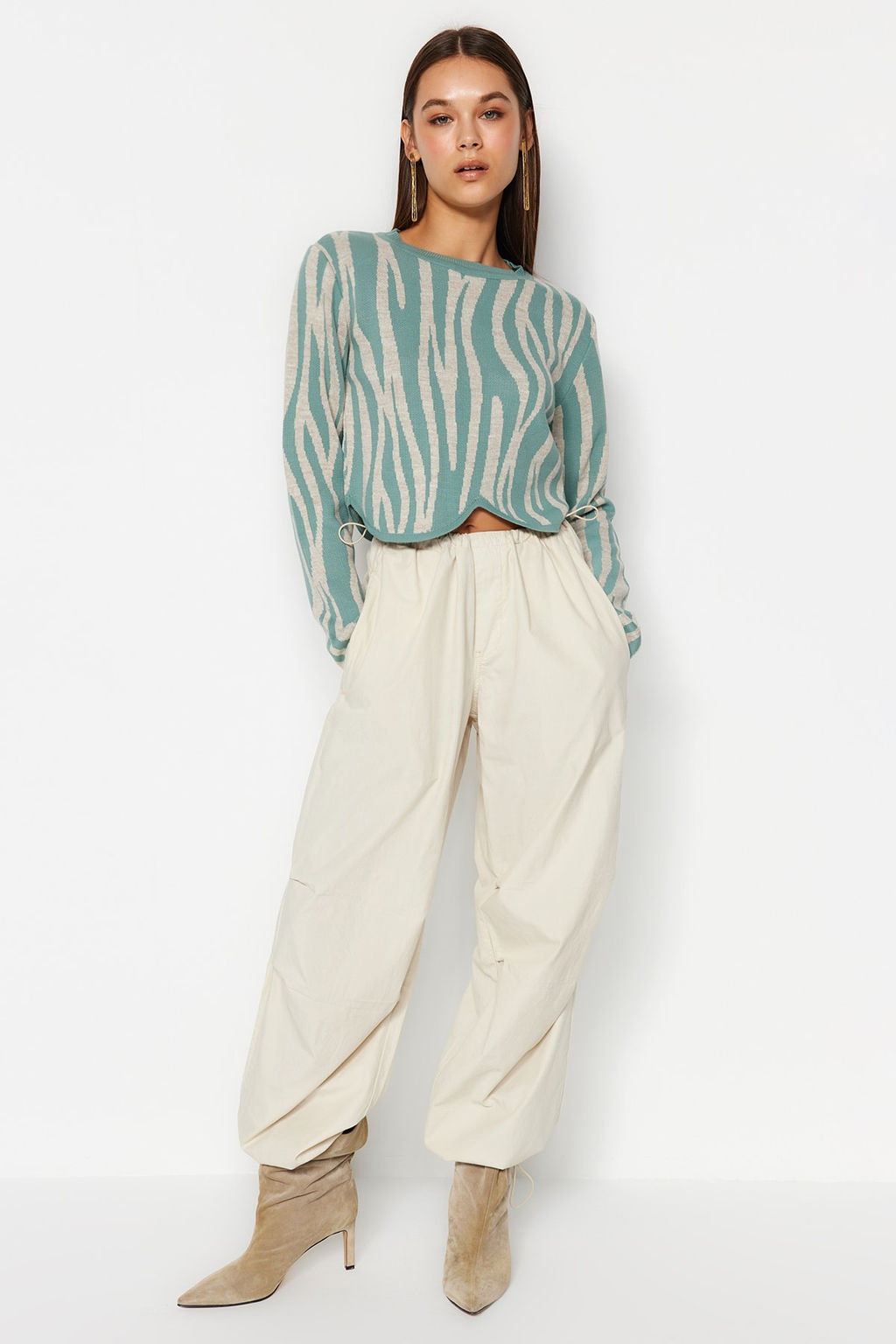 Mint Crop Zebra Desenli Renk Bloklu Triko Kazak TWOAW24KZ00694 - Trendyolmilla фото 2
