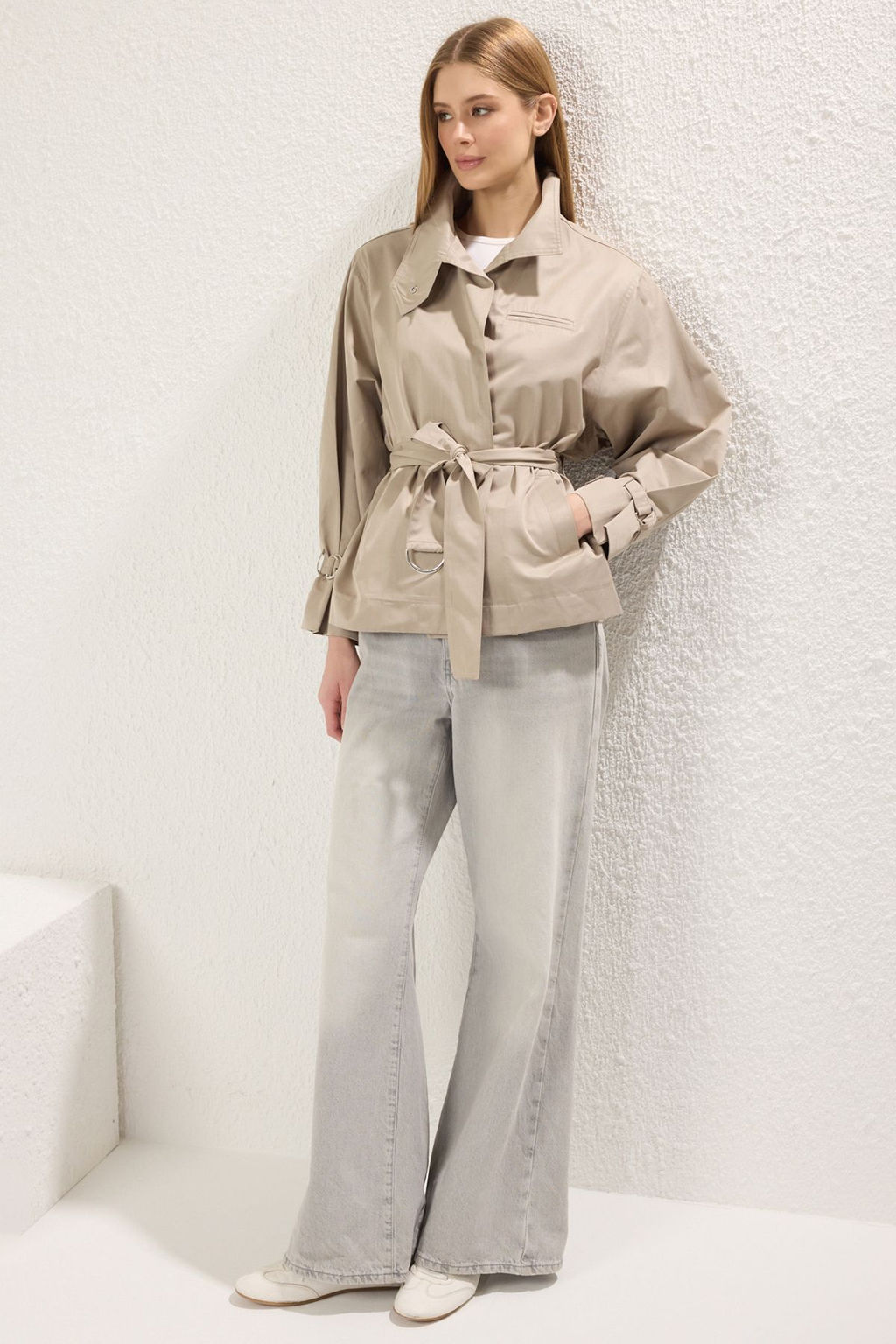 Ac?k Haki Dikis Detayl? Oversize K?sa Trenckot TWOSS25TR00016