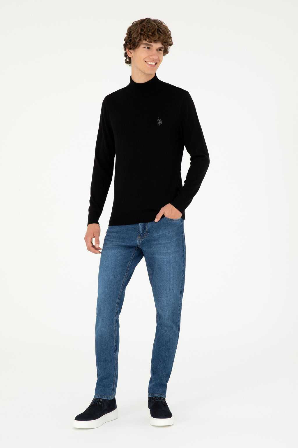 Erkek Slim Fit Yar_m Bo_azl_ Siyah Basic Kazak