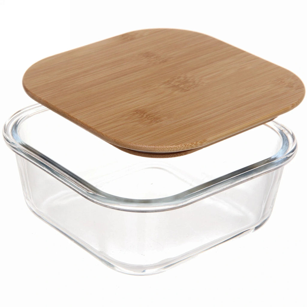 Контейнер стеклянный 700мл "Хай-Тек" квадратный с бамбуковой крышкой