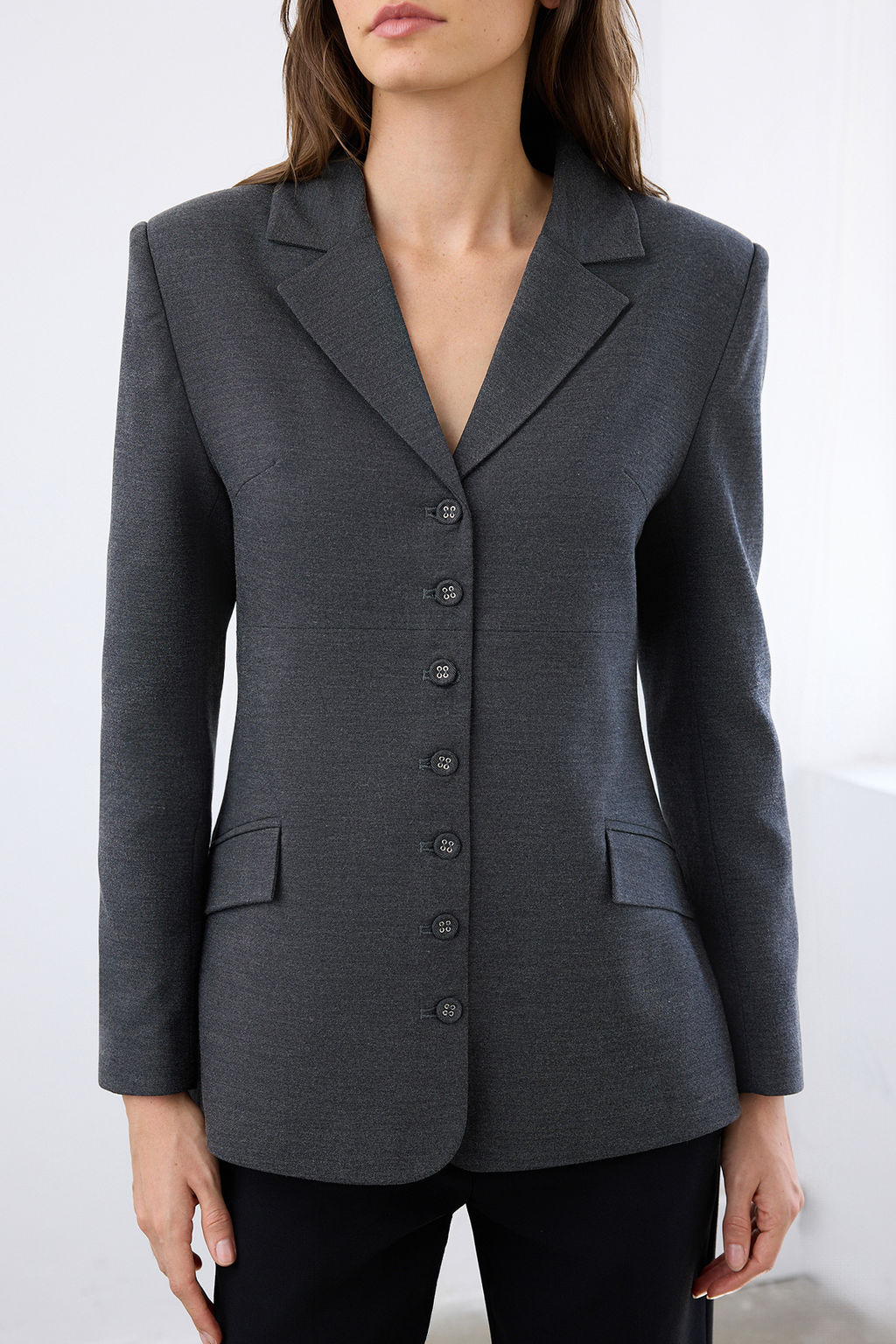 Antrasit Dugme Kapama Fitted/Vucuda Oturan Dokuma Blazer Ceket TWOAW26BC00047 - Trendyolmilla фото 3