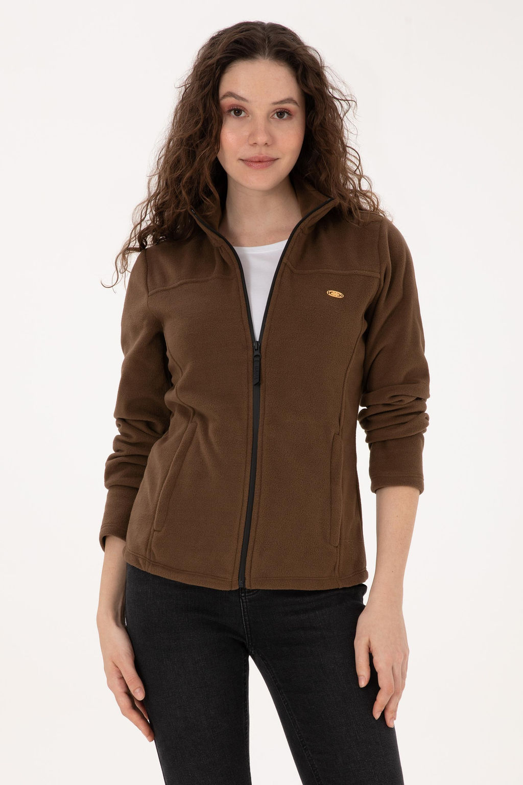 Kad_n Kahverengi Fermuarl_ Dik Yaka Polar Sweatshirt