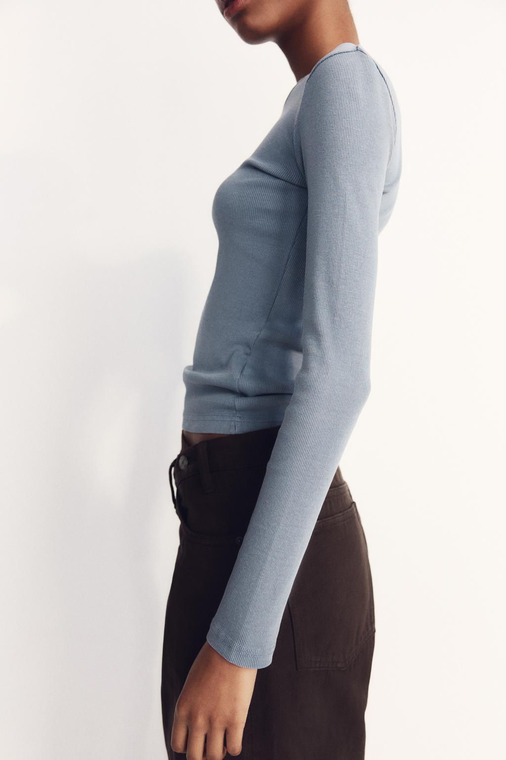 LONG SLEEVE WASHED EFFECT RIBBED T-SHIRT - Zara фото 25