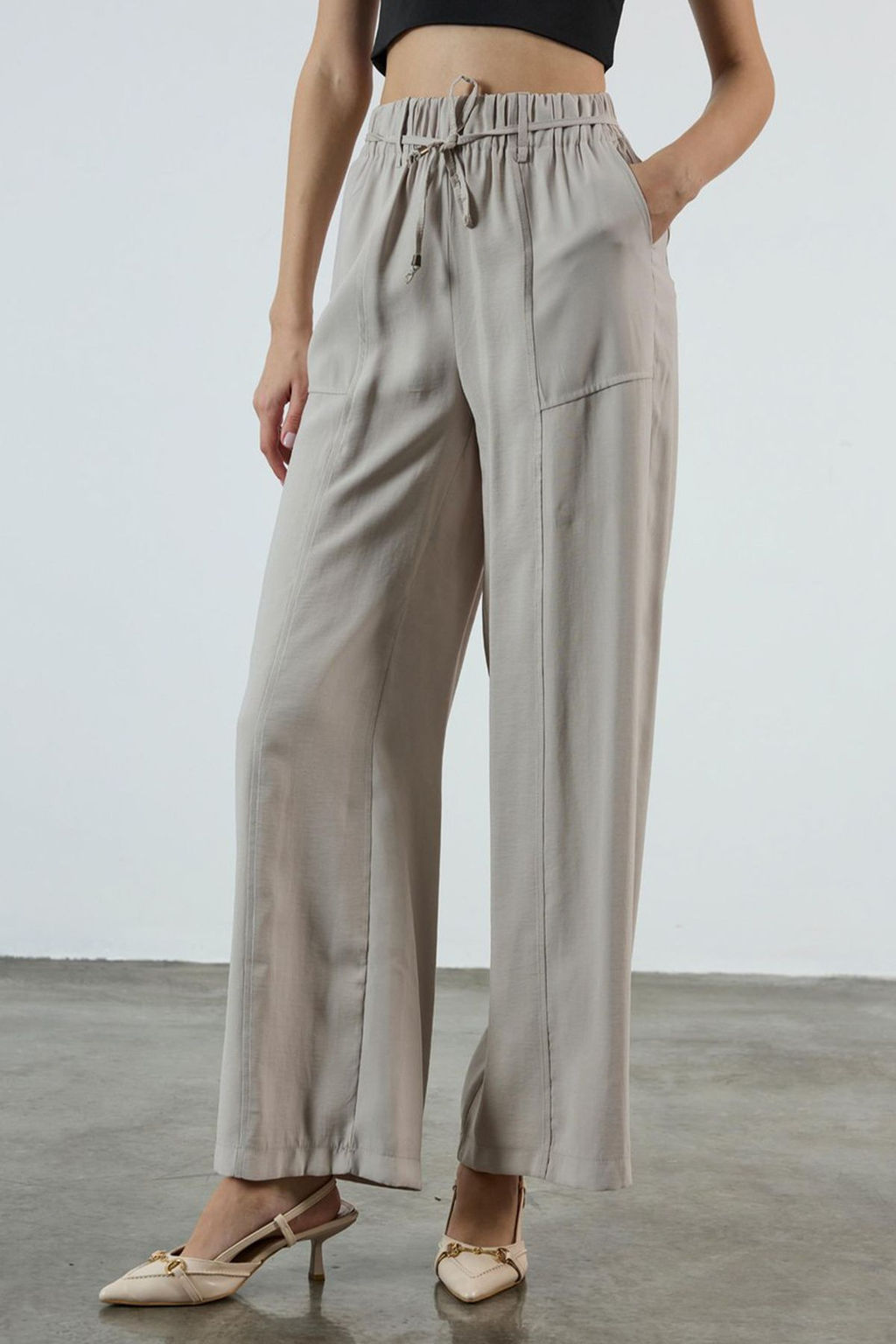 Bej Beli Lastikli Wide Leg/Genis Paca Pantolon TWOSS25PL00123