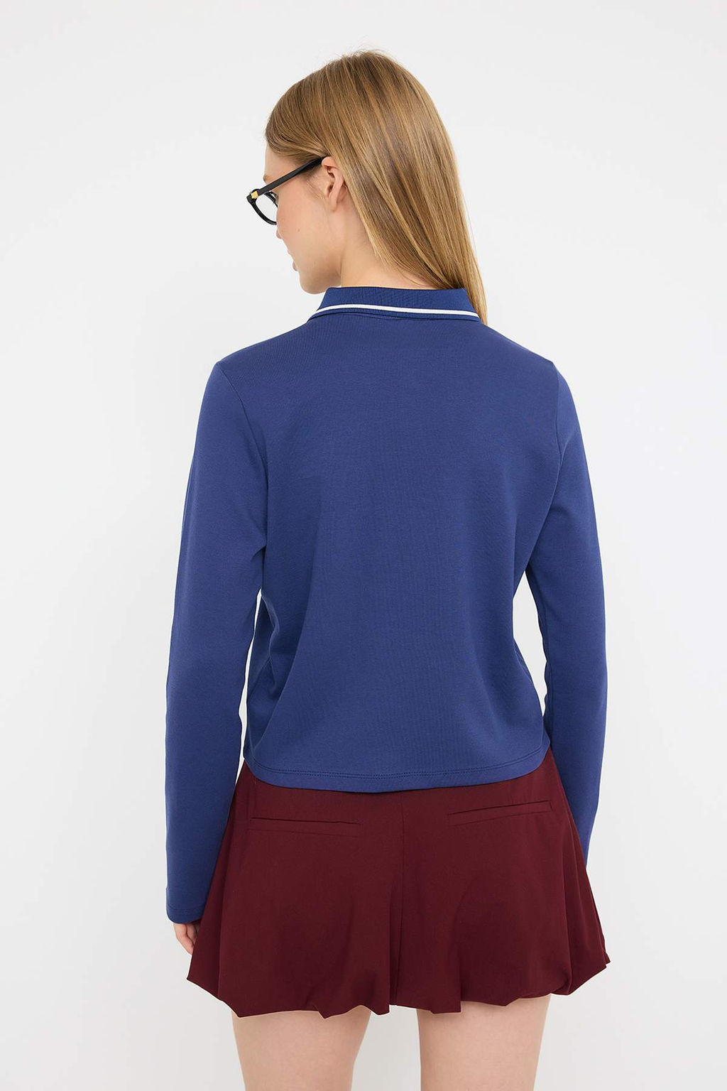 Teen Lacivert Tok Kumasl? Nak?sl? Polo Yaka Dugmeli Regular/Standart Kal?p Orme Bluz TWOAW26BZ00014