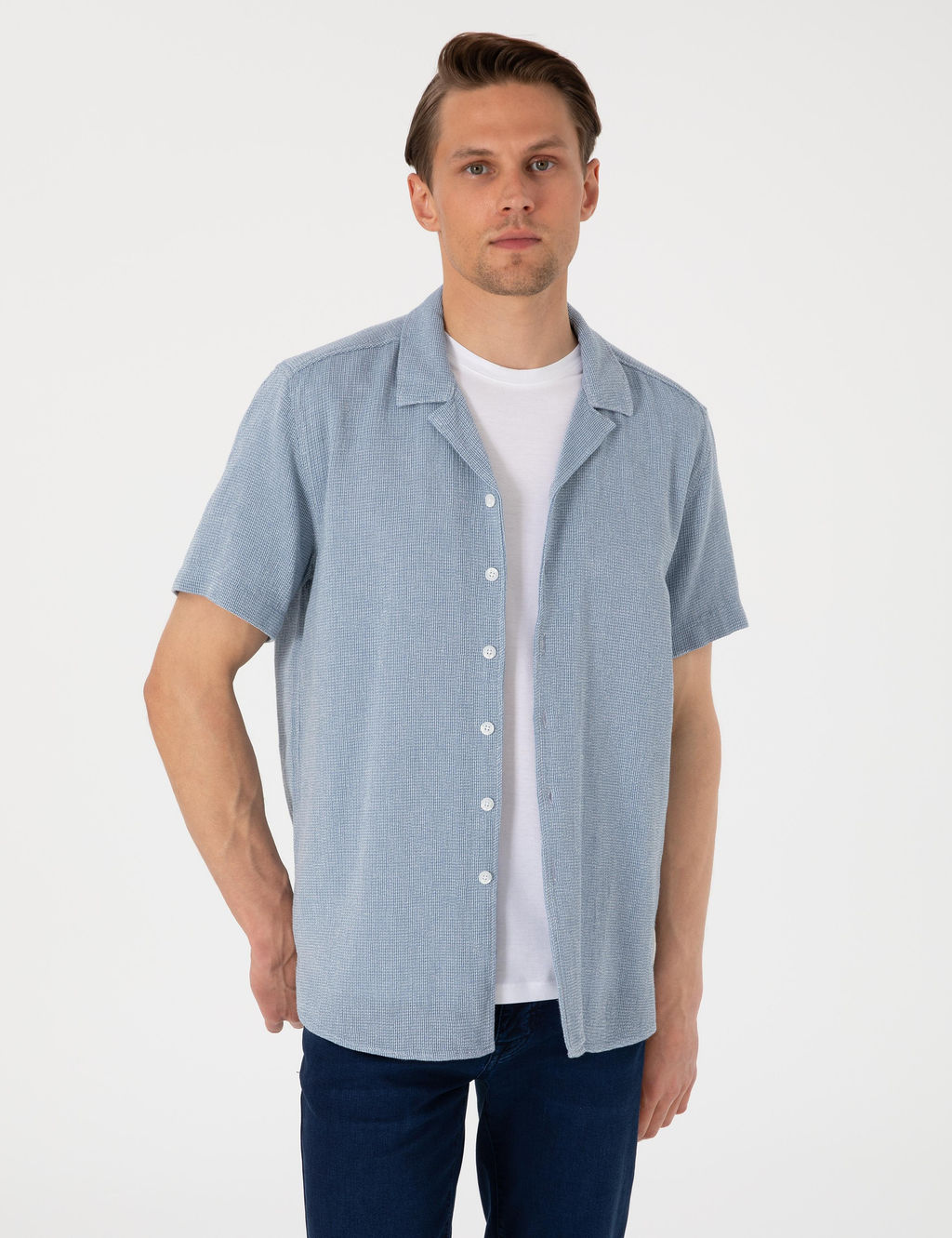 Lacivert Comfort Fit K_sa Kollu G_mlek