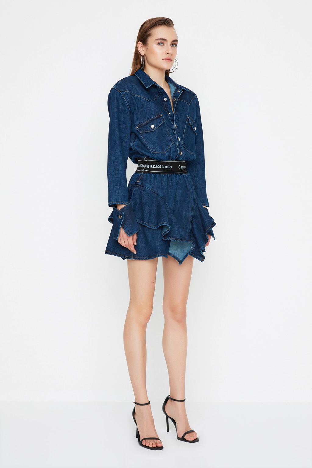 Trendyolmilla Mavi A-Kesim Gomlek Yaka Denim K?sa Elbise TPRAW22EL1989