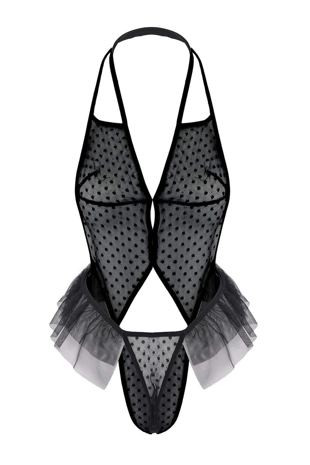 Siyah Tul Puantiyeli Pencere/Cut Out ve Volan Detayl? Kaps?z Ask?l? Orme Body THMAW26BD00005 - Trendyolmilla фото 2