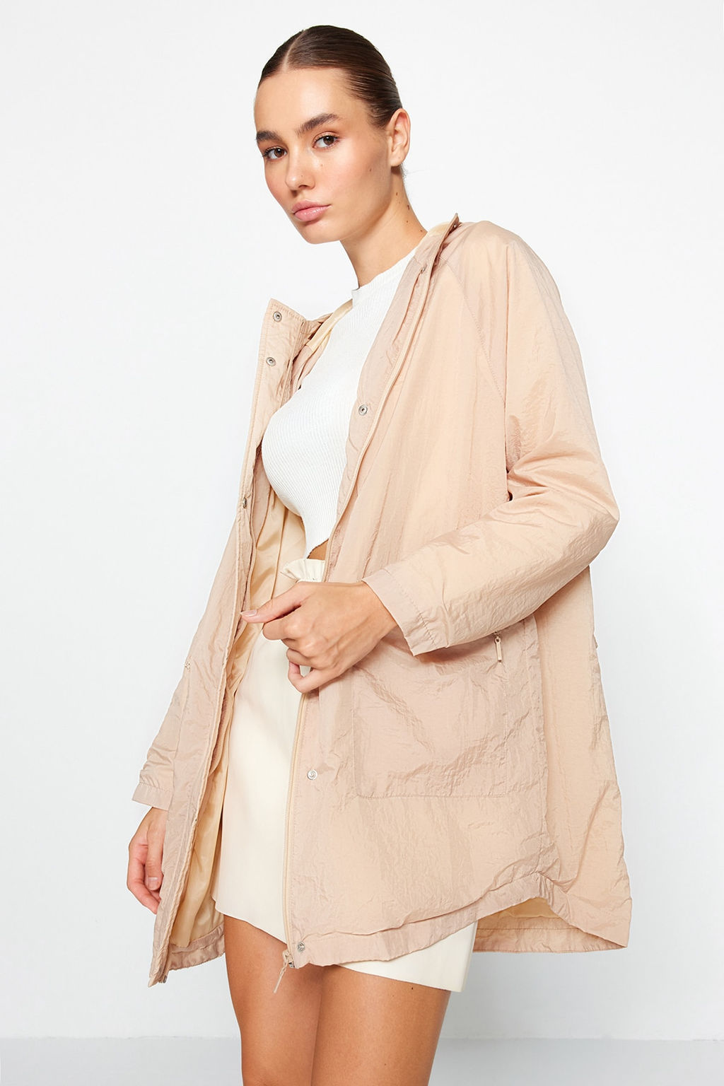 Bej Kapusonlu Su Itici Yagmurluk Mont TWOAW24MO00228