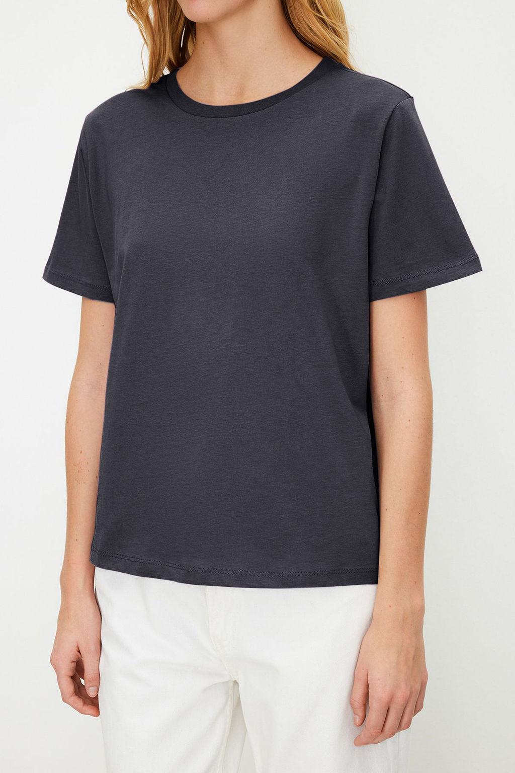 Antrasit %100 Pamuk Basic Bisiklet Yaka Orme T-Shirt TWOSS23TS00000