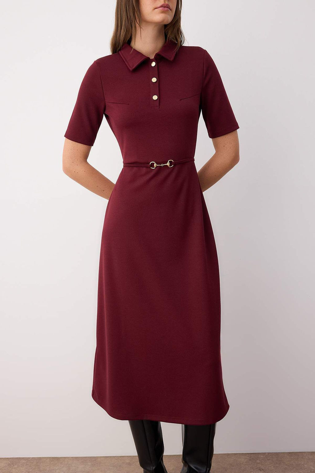 Bordo Kemerli Truvakar Kol A Line/Klos Duz Midi Orme Elbise TWOAW26EL00023 - Trendyolmilla фото 3