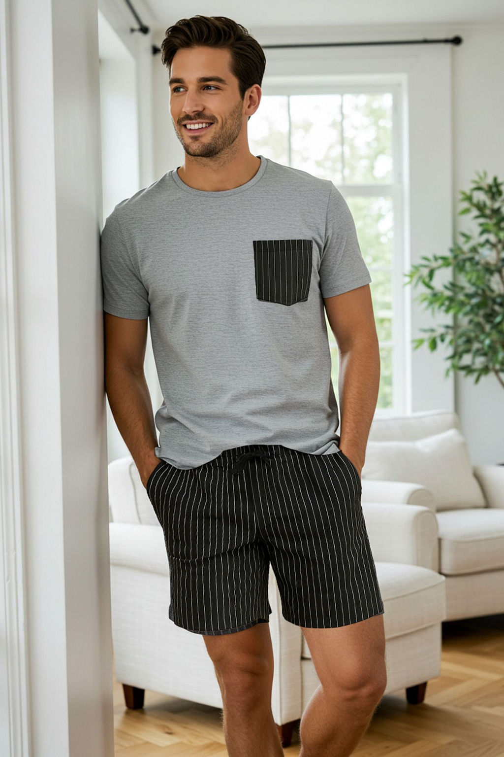TRENDYOL MAN Bej- Haki Regular Fit Cizgili Orme Sortlu Pijama Tak?m? TMNSS25PT00036 - Trendyolmilla фото 7