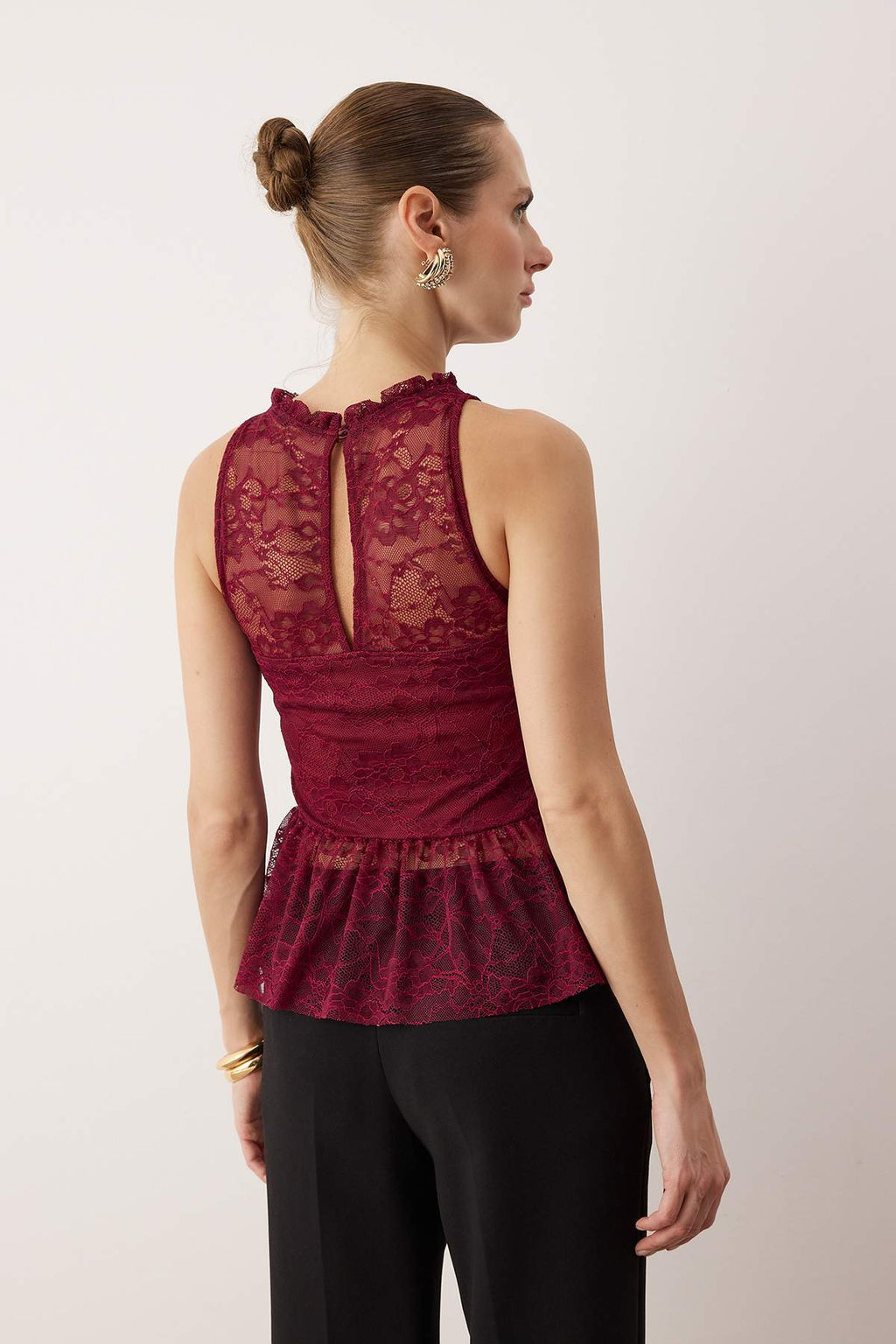 Koyu Bordo Dantel Peplum Detayl? Party Bluz TPRAW26BZ00008