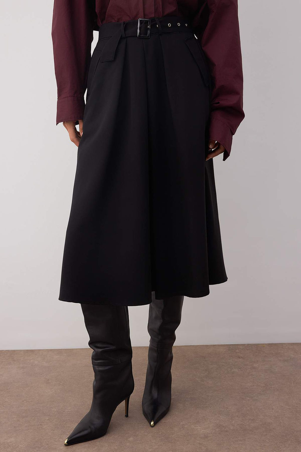 Siyah Kemerli Dokuma Klos Midi Etek TWOAW26ET00034