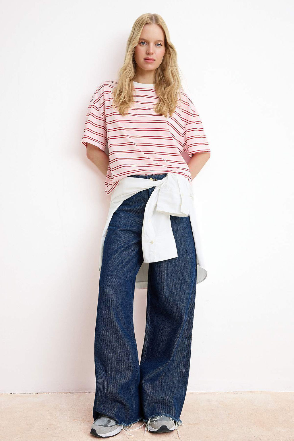 Pembe Cizgili Boxy Dusuk Kol K?sa Kollu Tok %100 Pamuk Orme T-Shirt TWOSS26TS00023 - Trendyolmilla фото 2