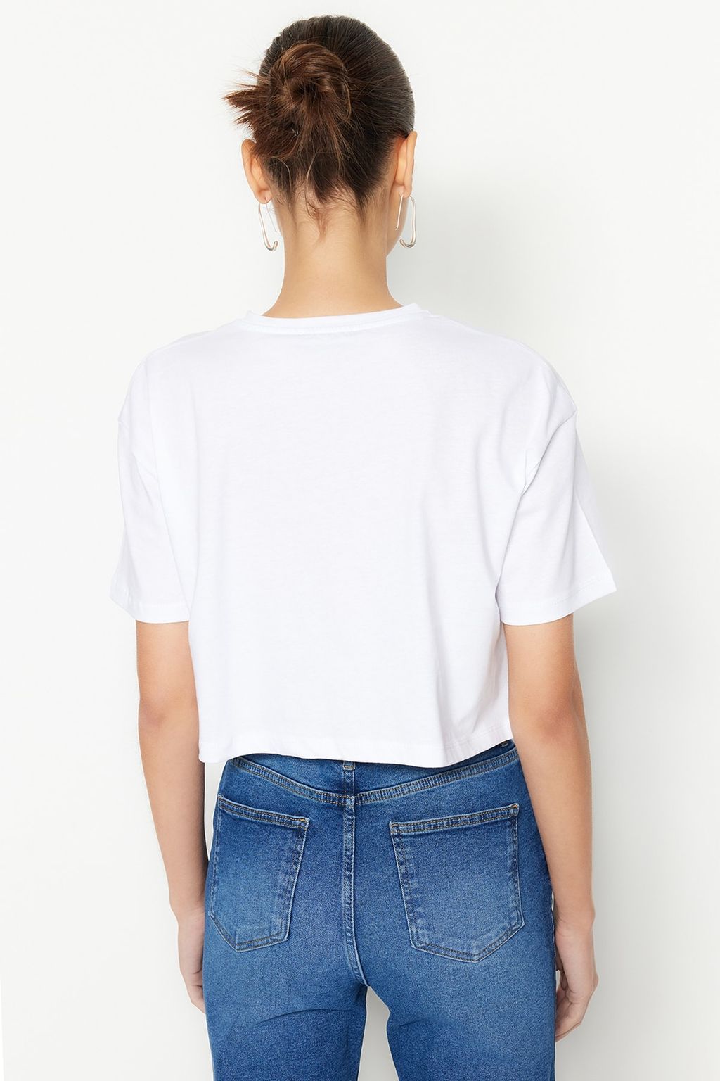 TRENDYOLMILLA Lacivert %100 Pamuk Nak?sl? Relaxed/Rahat Kal?p Crop Bisiklet Yaka Orme T-Shirt TWOSS23TS00229  фото 9