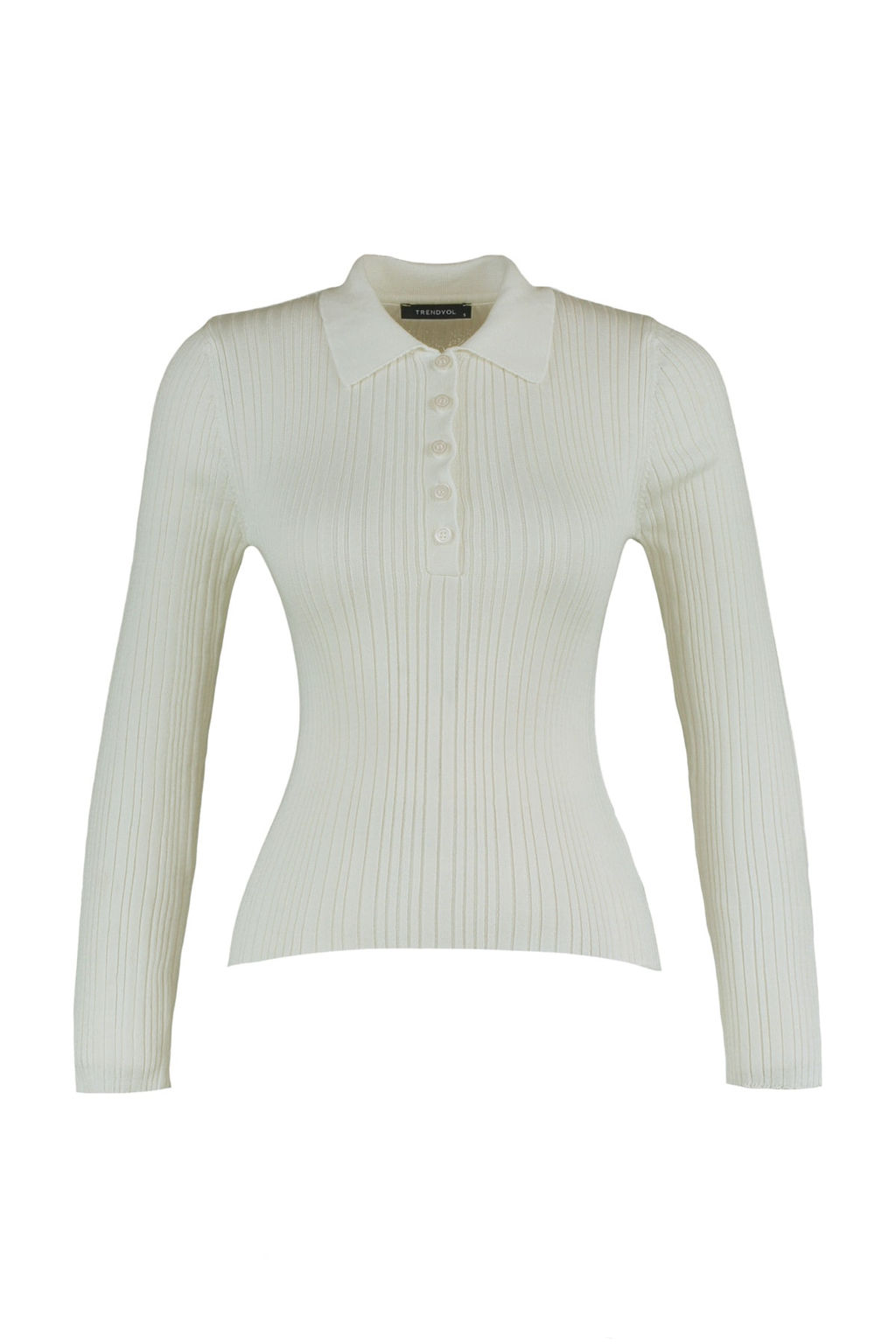Ekru Merserize Gorunumlu Polo Yaka Fitilli Triko Kazak TWOAW21KZ0773 - Trendyolmilla фото 6