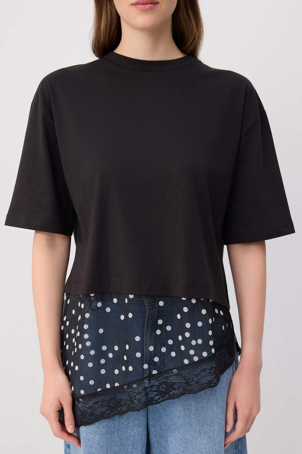 Siyah D_z Oversize/Geni_ Kal_p Puantiyeli Dantel Detayl_ _rme T-Shirt TWOSS26TS00337 - Trendyolmilla фото 3