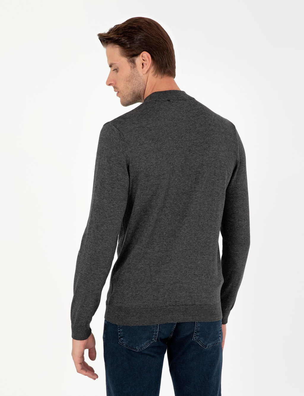 Antrasit Melanj Slim Fit Yar_m Bal_k__ Yaka Basic Triko Kazak
