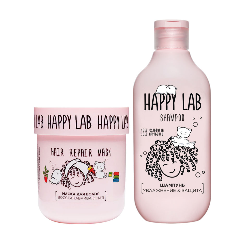 Happy Lab Набор средств для ухода за волосами / Шампунь Увлажнение & Защита + Маска восстанавливаюшая, 300 мл, 180 г