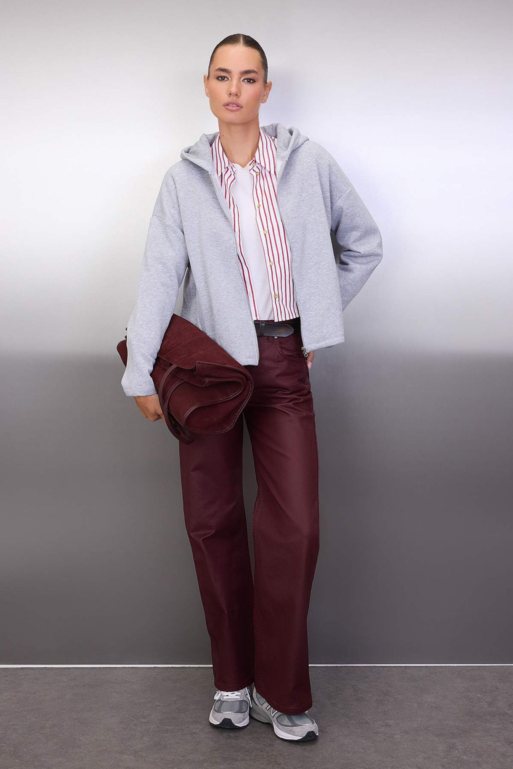 Gri Melanj Kal?n Ici Polarl? Kapusonlu Fermuarl? Oversize/Genis Kesim Orme Sweatshirt TWOAW26SW00111