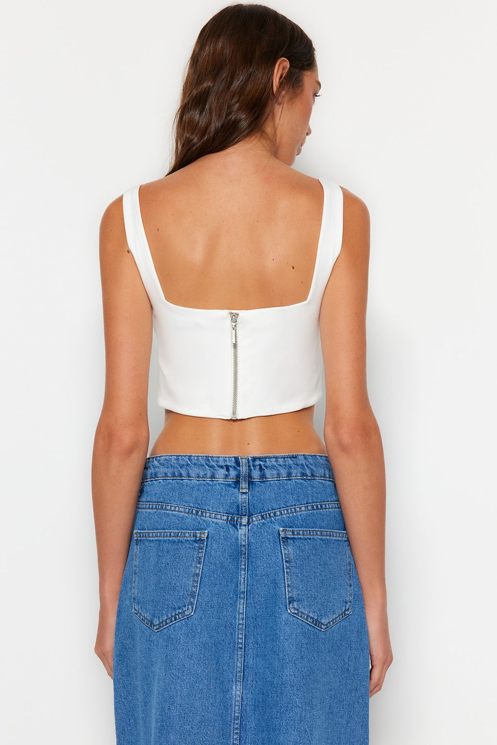 Trendyolmilla Ekru Ask?l? Korse Crop Dokuma Bluz TWOSS23BZ00938  фото 13