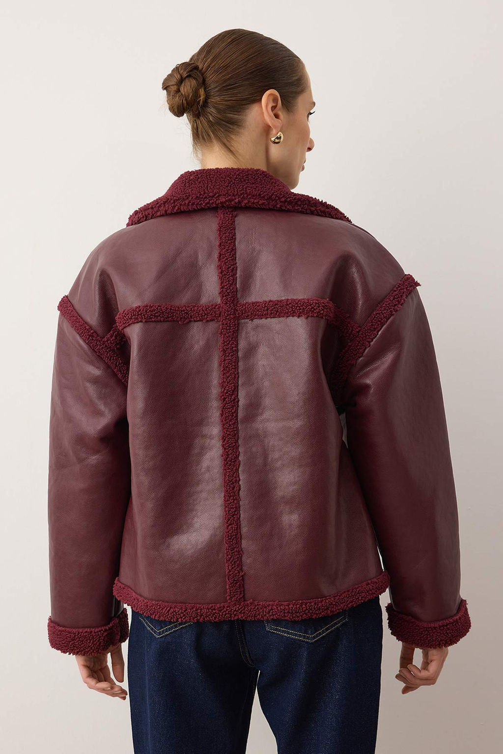 Bordo Pelus Detayl? Suni Deri Biker Ceket Mont TWOAW25MO00066 - Trendyolmilla фото 14