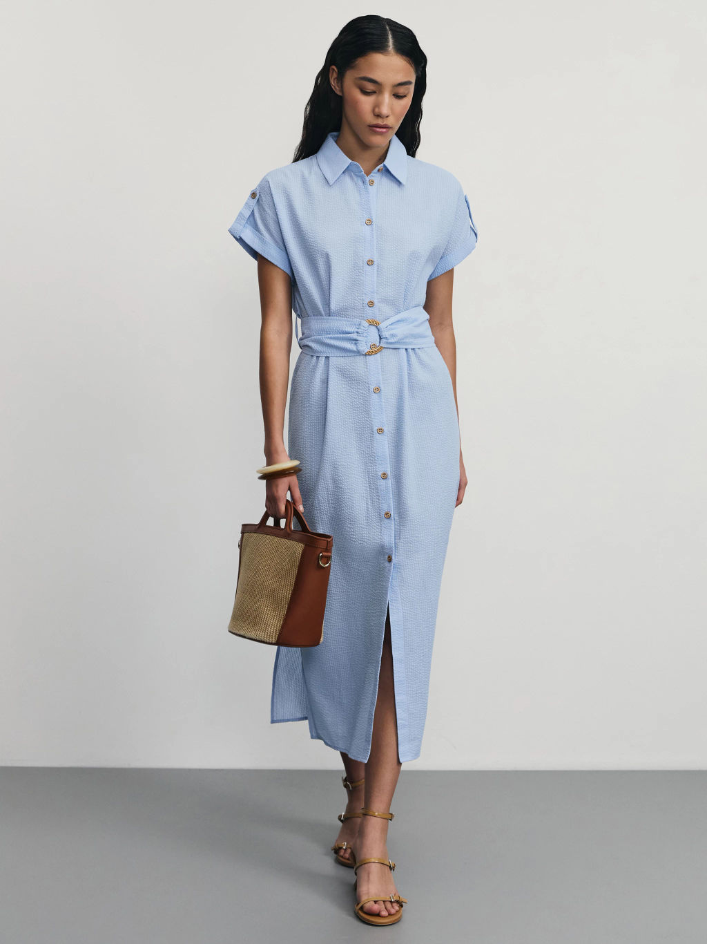 Платье миди из фактурной ткани на поясе / Zarina  фото 7