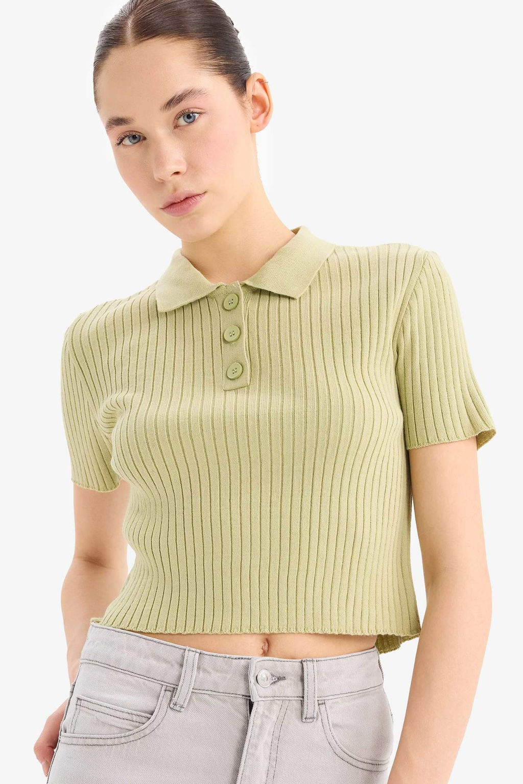 Slim Fit Dar Kesim Polo Yaka K?sa Kollu Kazak - Defacto фото 2