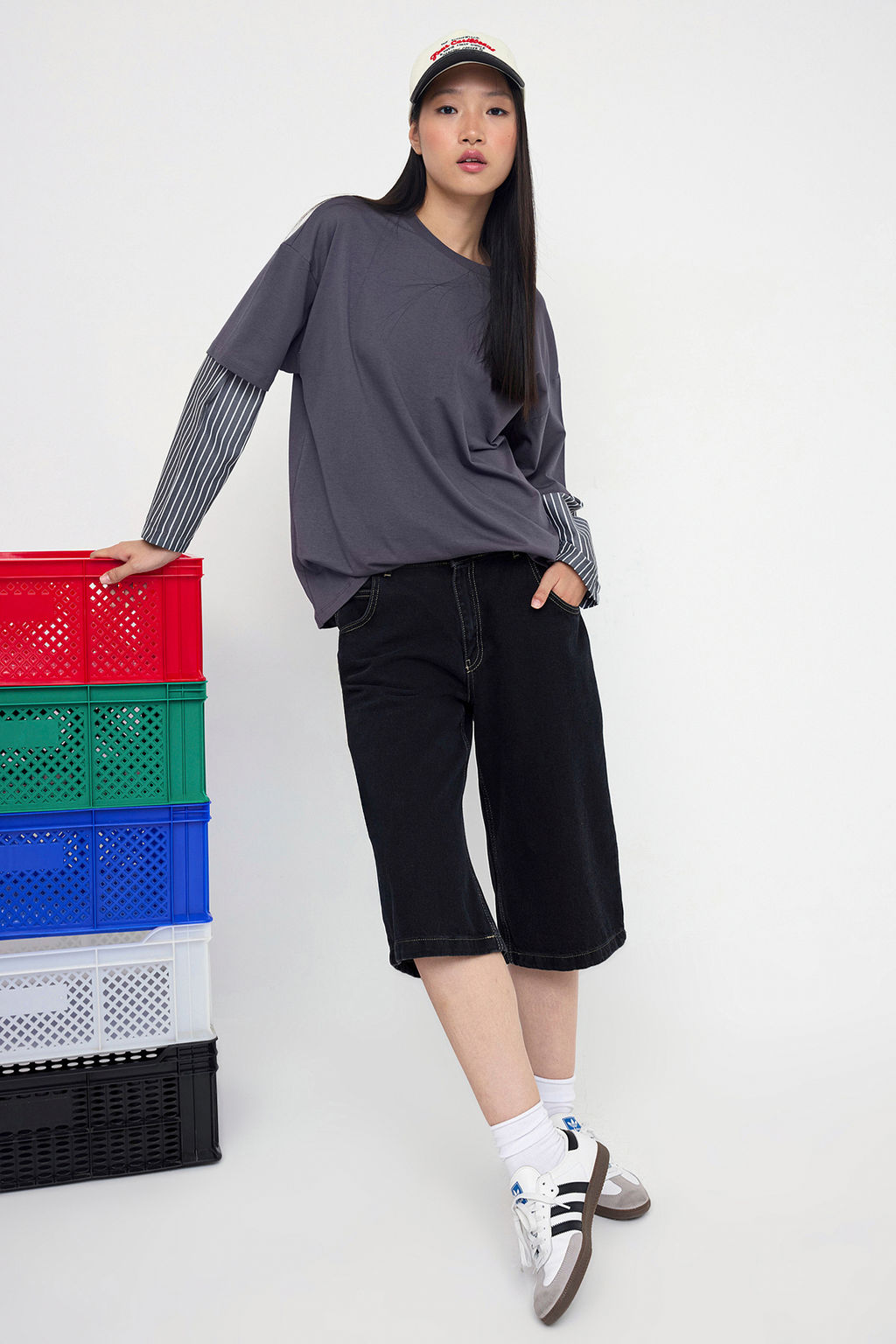 Teen Antrasit Dokuma Garni Detayl? Oversize/Genis Kal?p Uzun Kollu Orme T-Shirt TWOAW26TS00003