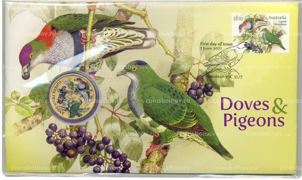 Монета 1 доллар 2021 года Тувалу  Великолепный пёстрый голубь (в конверте с маркой)