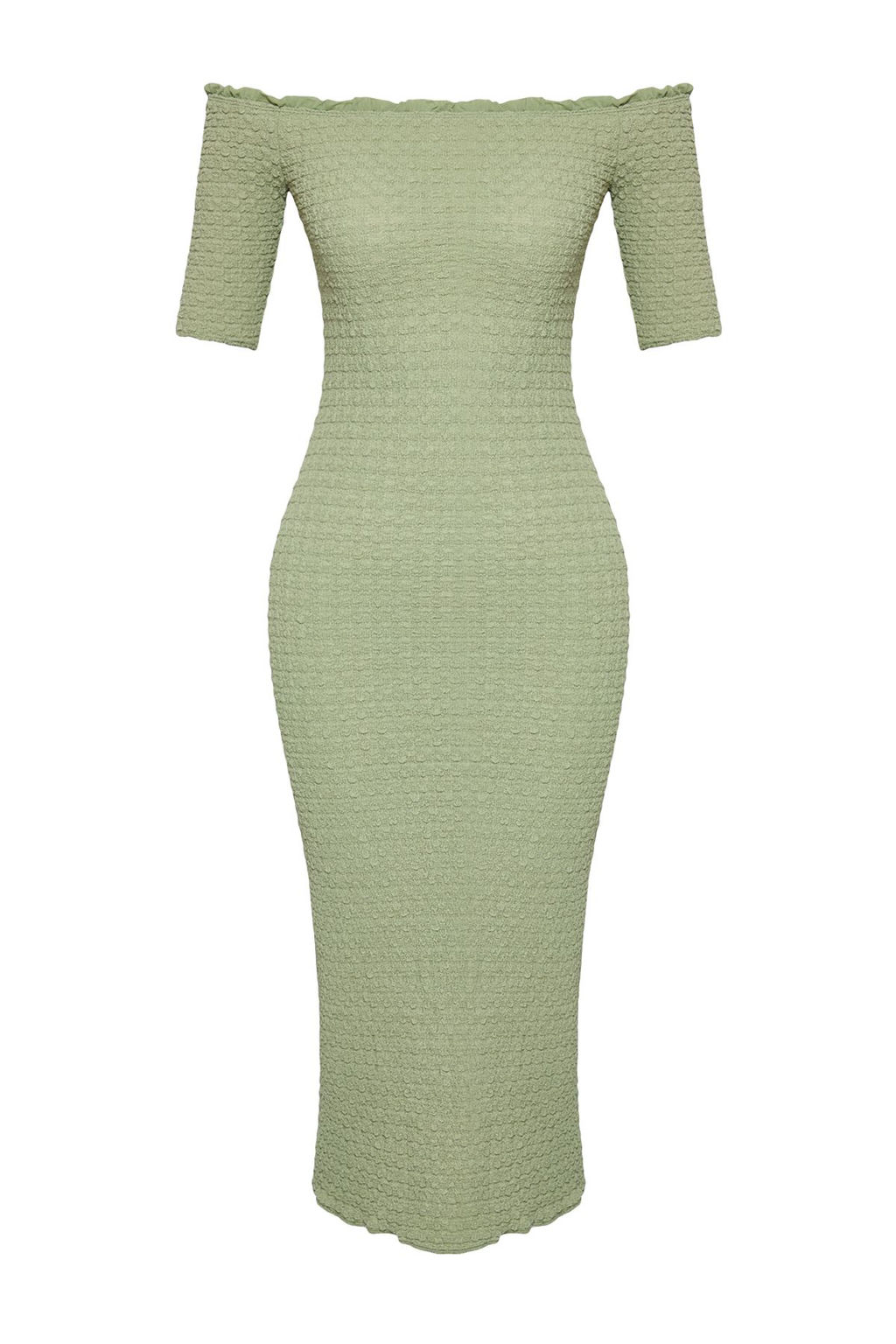 Siyah Duz Midi Dokulu Fitted/Vucuda Oturan Buzgulu Carmen Yaka Esnek Orme Elbise TWOSS25EL00067 - Trendyolmilla фото 11