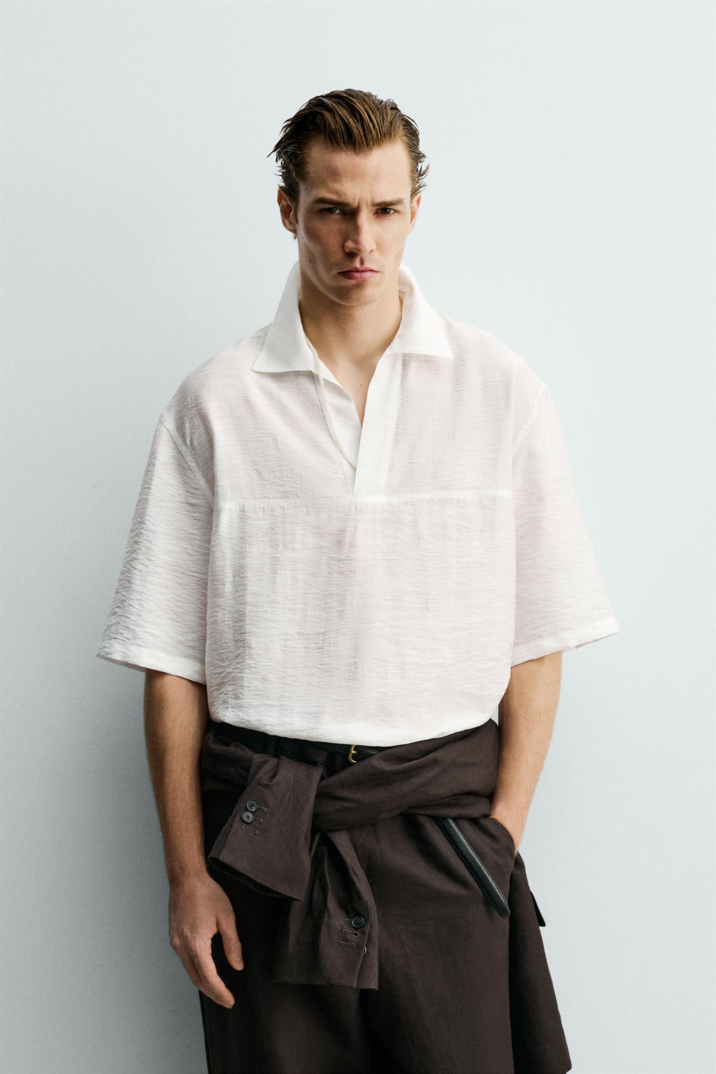 CAMISA POLO FLUIDO JACQUARD / Blanco - Zara фото 2