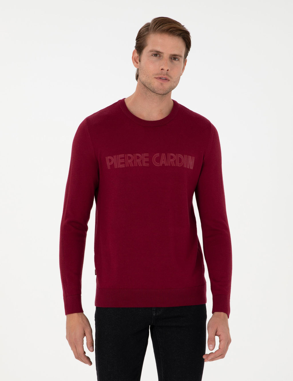 K_rm_z_ Slim Fit Bisiklet Yaka Y_n Kar___ml_ Triko Kazak