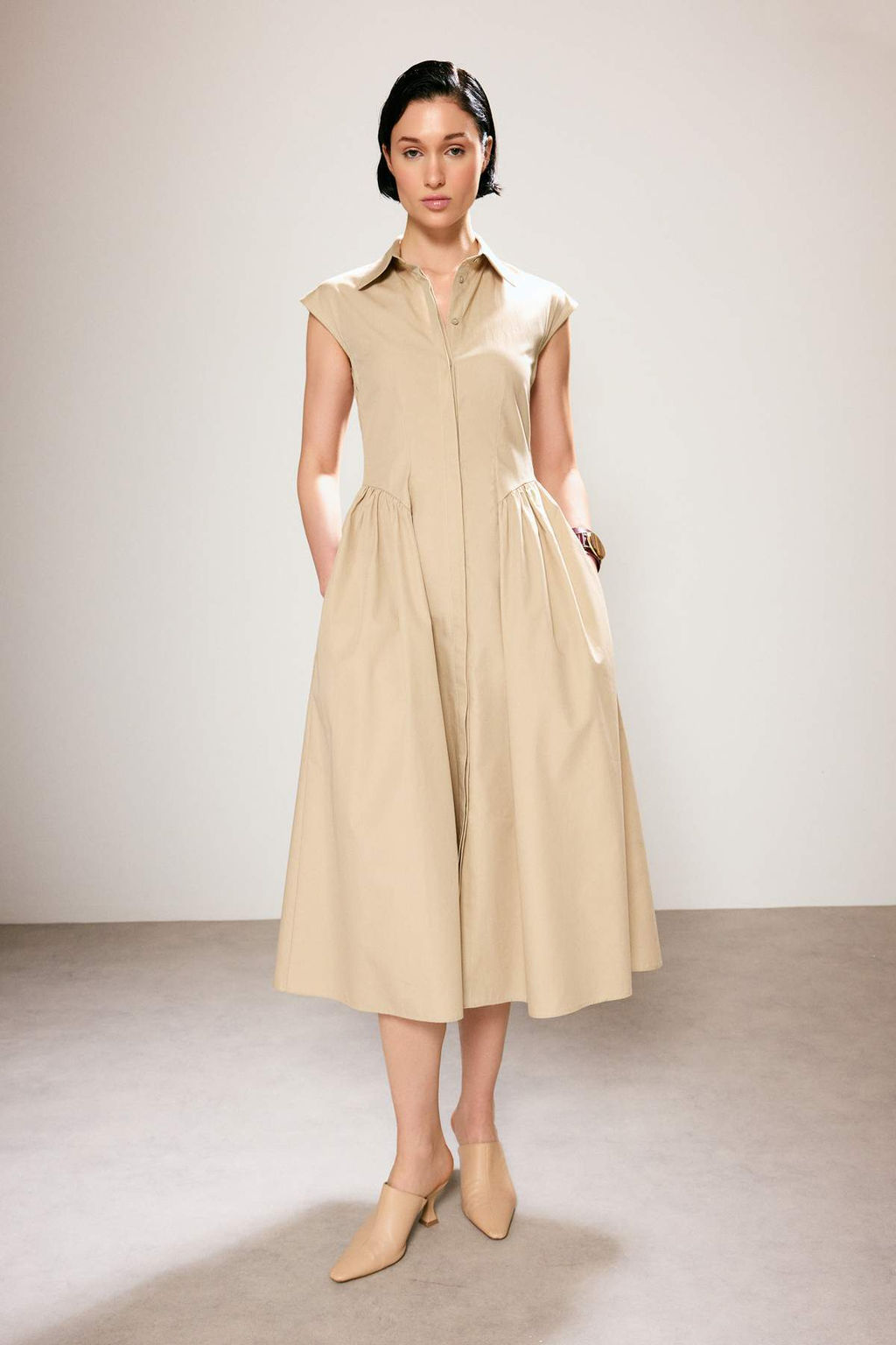 Bej Poplin Midi Studio Midi Dokuma Elbise TWOSS26EL00513 - Trendyolmilla фото 3