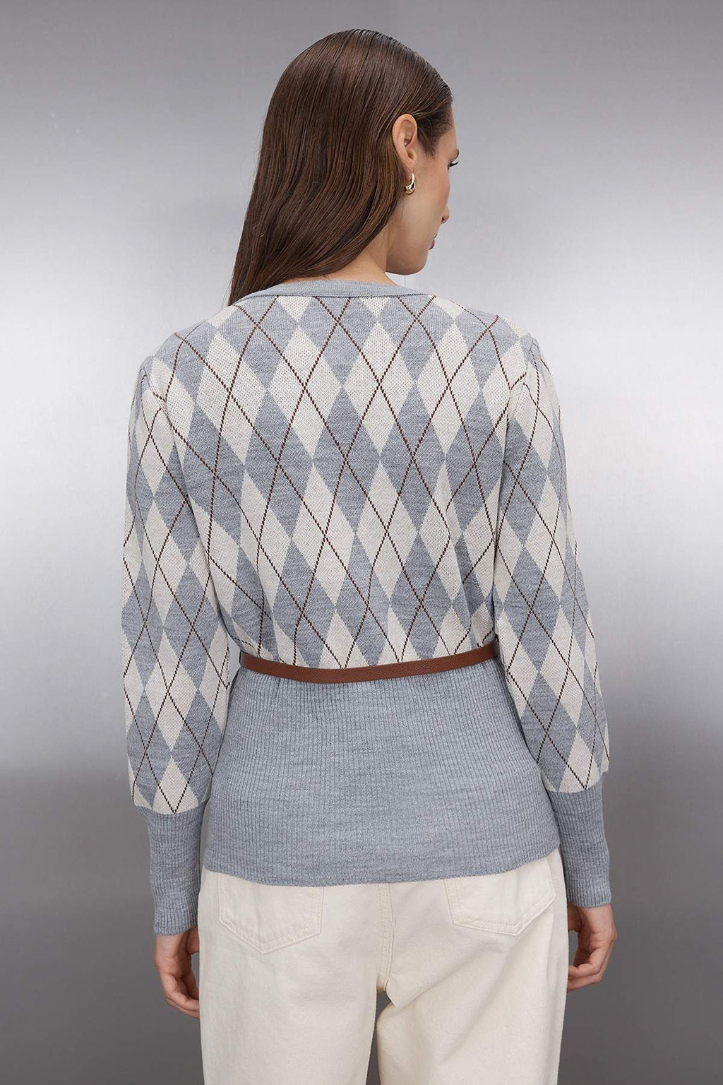 Gri Baklava Desenli Kemerli Triko H?rka TWOAW26HI00150 - Trendyolmilla фото 8