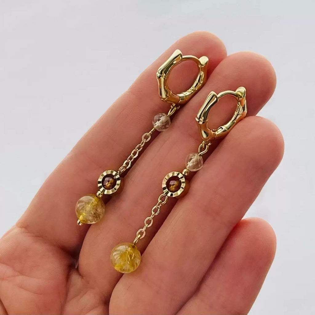 Серьги из Рутилового кварца, Граната спессартин и Горного Хрусталя - Радуга самоцветов фото 2