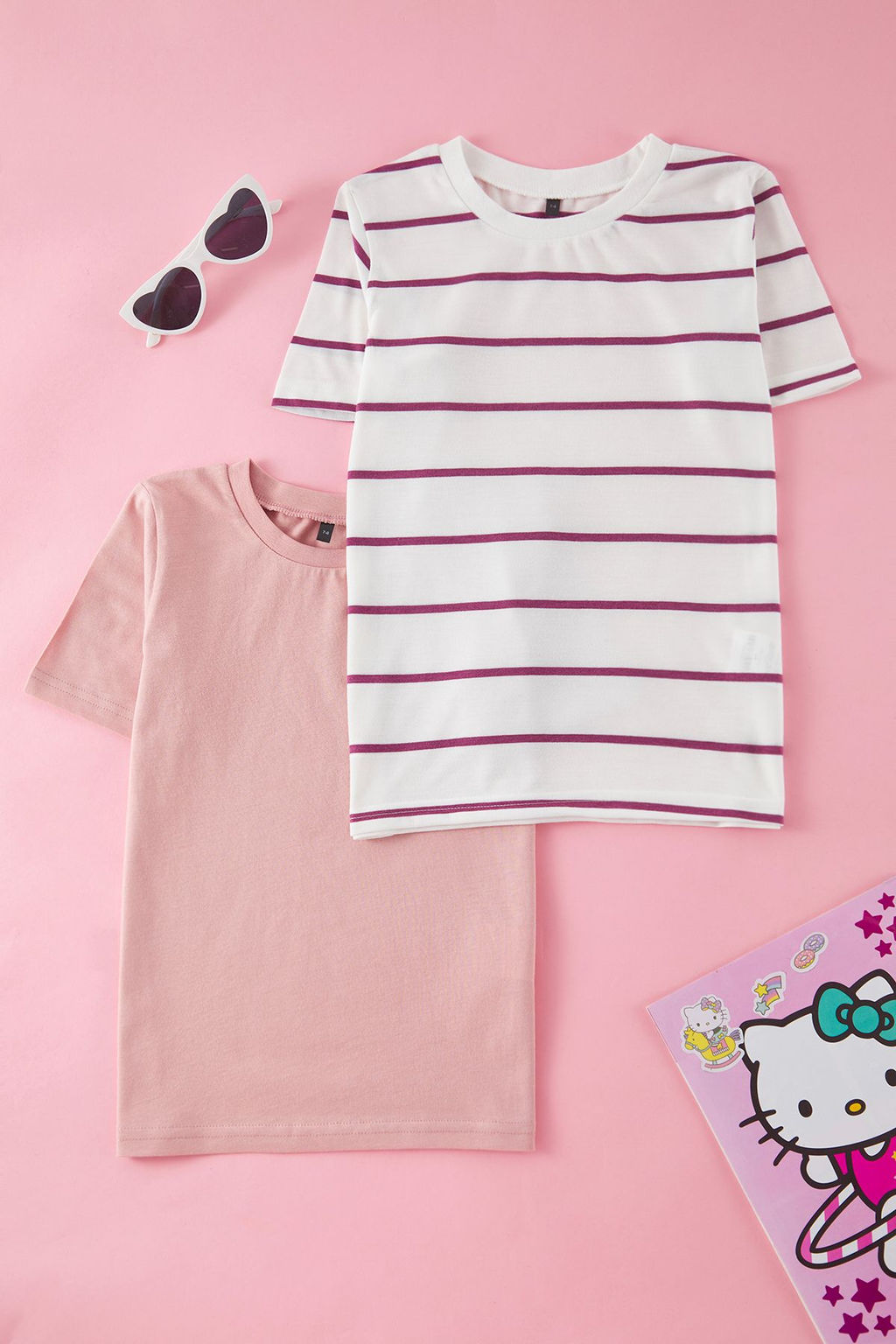 Lila-Ekru 2li K?z Cocuk %100 Pamuk Regular/Normal Kal?p K?sa Kol Orme T-Shirt TKDSS25TS00028