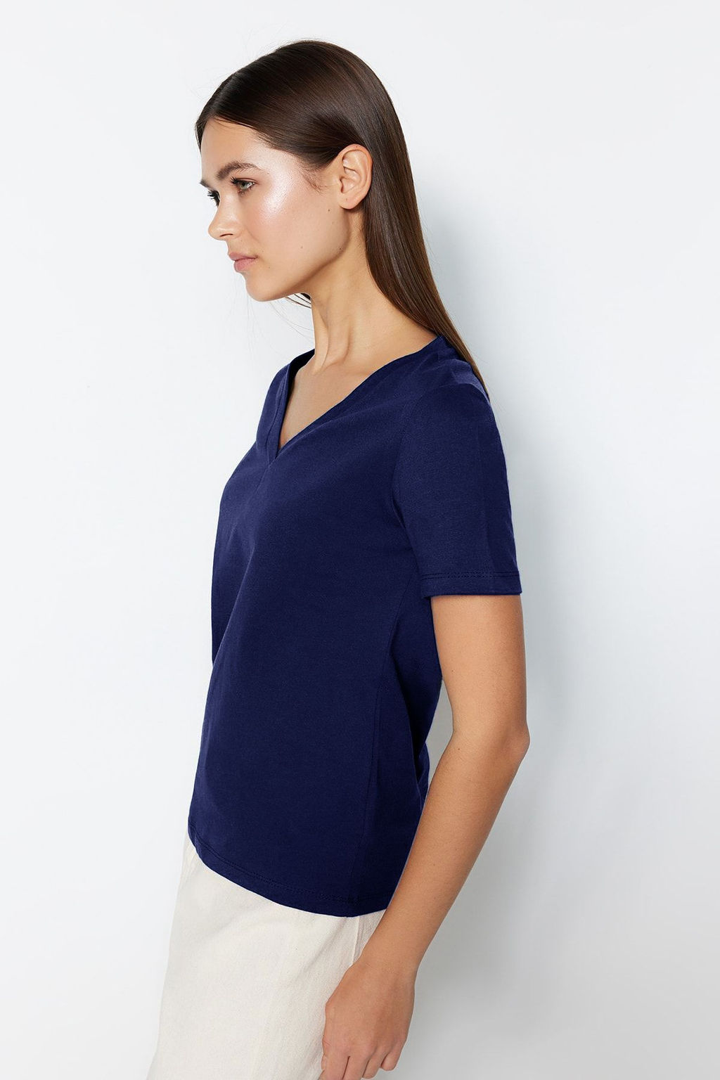 Lacivert %100 Pamuk Basic V Yaka Orme T-Shirt TWOSS23TS00001